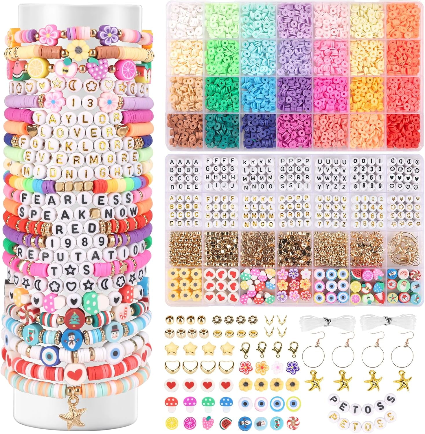 Monebena Friendship Bracelet Kit,4660 Clay Beads Bracelet Making Kit,Flat Preppy Beads for Jewelry Making,Polymer Heishi Beads with Charms Gifts for Teen Girls Crafts M01