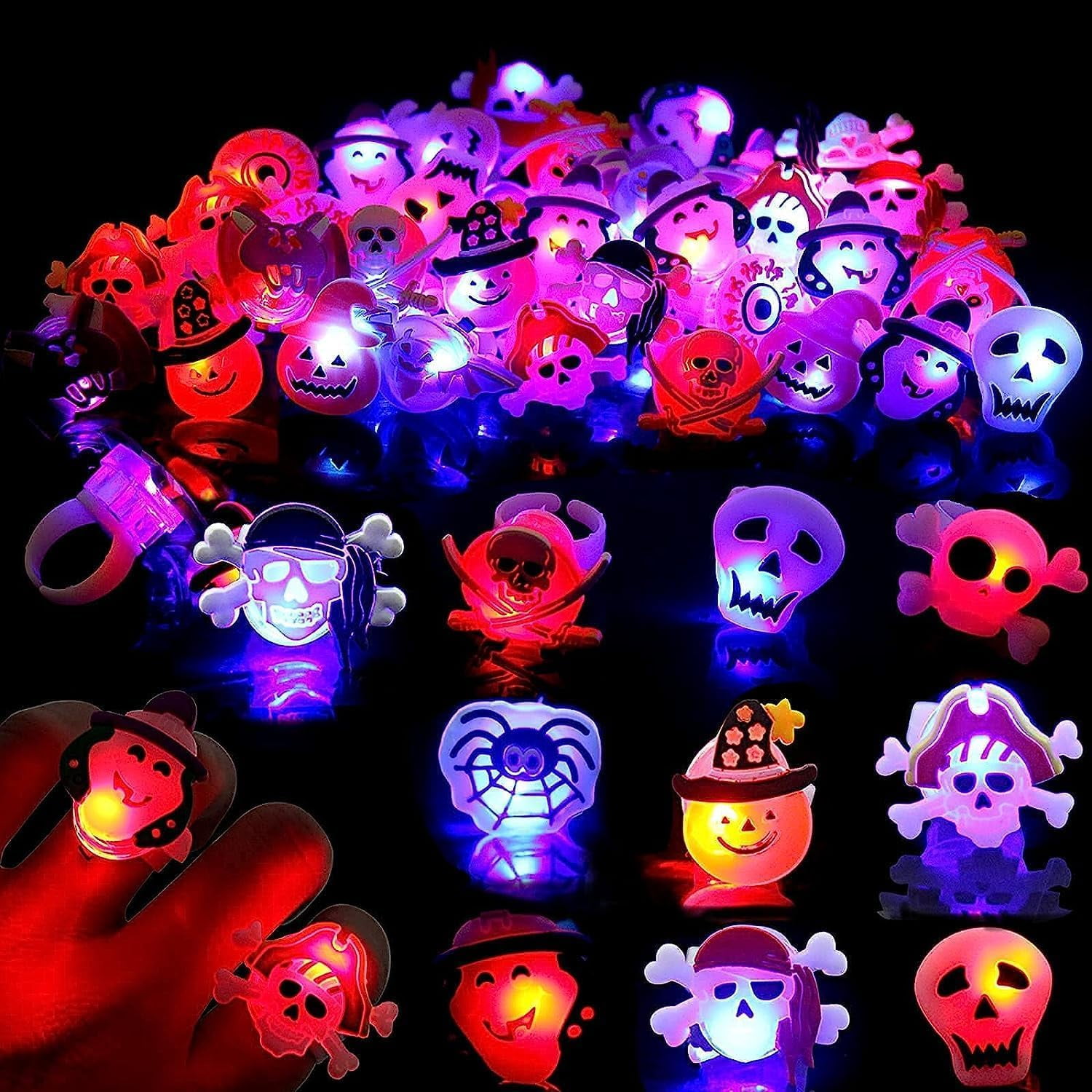 Monebena Halloween Light Up Rings for Kids,50 Pcs LED Flashing Ring Toys for Halloween Kids Party Favors Prizes and Goodie Bag Fillers