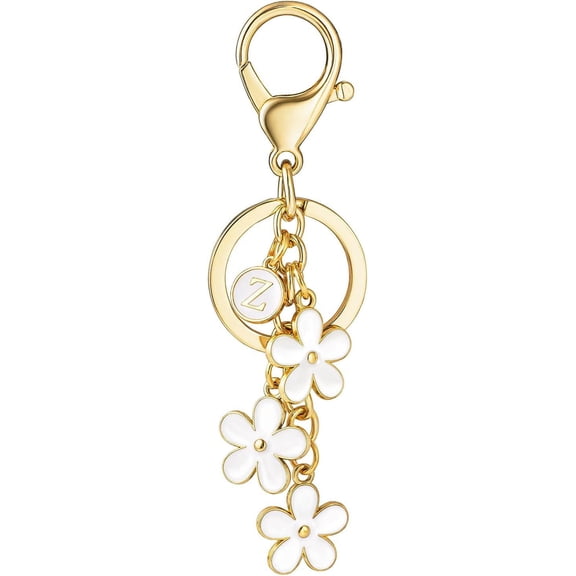 Monebena Initial Keychain White/Pink Flower Charms for Key Cute Letter Keyring for Handbag Backpack