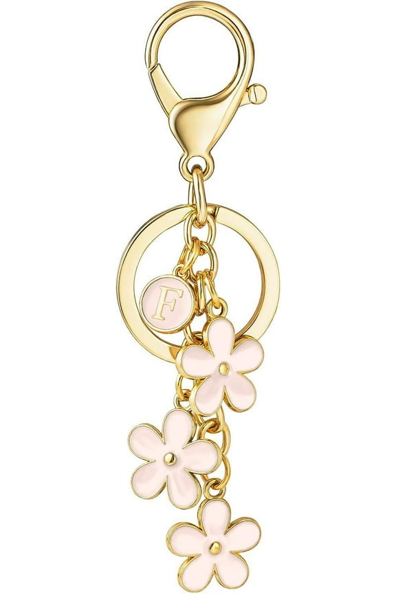 Initial Keychain White/Pink Flower Charms for Key Cute Letter Keyring for Handbag Backpack