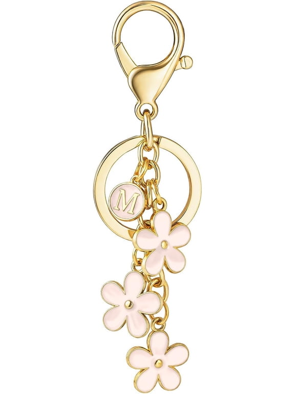 Initial Keychain White/Pink Flower Charms for Key Cute Letter Keyring for Handbag Backpack