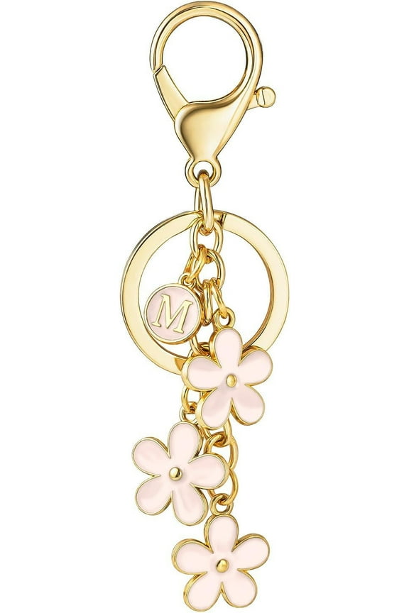 Initial Keychain White/Pink Flower Charms for Key Cute Letter Keyring for Handbag Backpack
