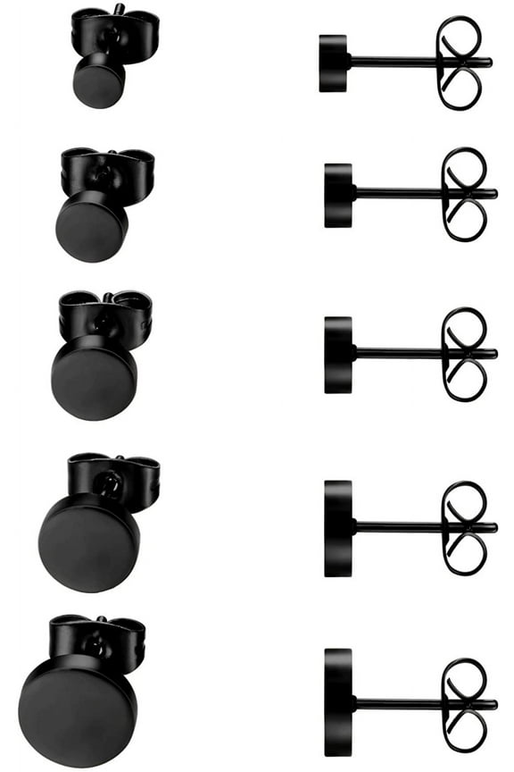 Jewelry 5 Pairs Stud Set, Stainless Steel Flat Round Polished Earrings Ear Jewelry for Women & Men, Black (4-8mm)