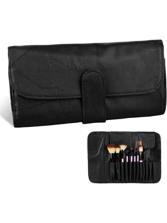 Makeup Brush Roll Up Organizer Bag, Black Travel Makeup Brush Pouch, PU Leather Make up Brush Case, Cosmetic Bags Holder for Women, Can Hold 12 Pockets Cosmetics Brushes M01