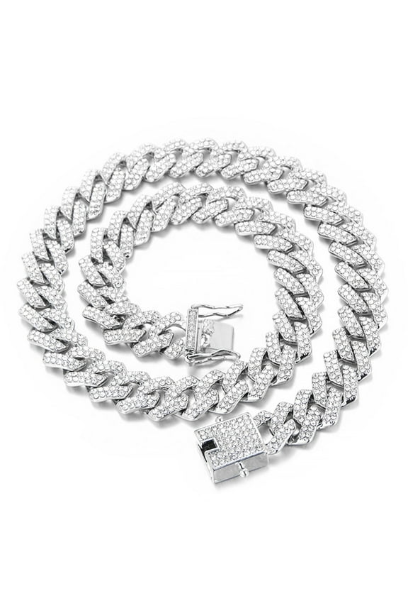 Mens Cuban Link Chain Miami Cuban Necklace Silver Diamond Cut Stainless Steel Chain for Men 15mm Iced Out Hip Hop Jewelry (20 inch)