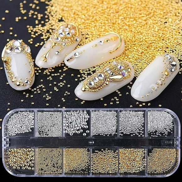 Monebena Nail Art Pearls with Nail Rhinestones Glue Gel Flatback Pearls Nail Charms Luxurious Nail Supplies Accessories Gold Silver Nail Gems Jewelry Pearls for Women Nail Design M01
