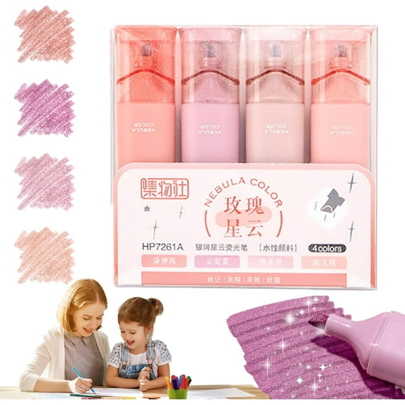 Monebena Nebula Color Glitter Highlighter, Glitter Highlighter Pen, Glitter Highlighters Markers, Nebula Glitter Highlighters, for Sparkling Note Taking Diary (Pink)