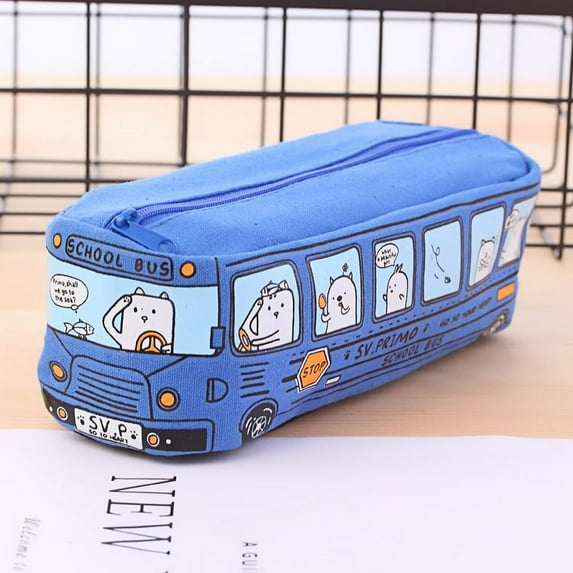 Monebena Pencil Pouch Cute Cartoon City Bus Pencil Pouch Large Canvas Zipper Pencil Case Stationery Organizer Pen Bags Soft Pencil Box Holder Storage and Organization Supplies