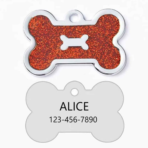 Monebena Personalized Pet ID Tags Personalized Dog and Cat Tags, Custom Engraved, Easy to Read, Cute Glitter Paw Tag Dog Bone Shape M001