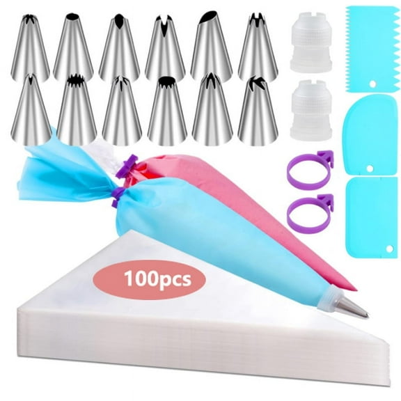 Monebena Piping Bags and Tips Set, 100Pcs 12 Inch Pastry Bags, Icing Bags Disposable for Cakes Decorating Kit Supplies M01