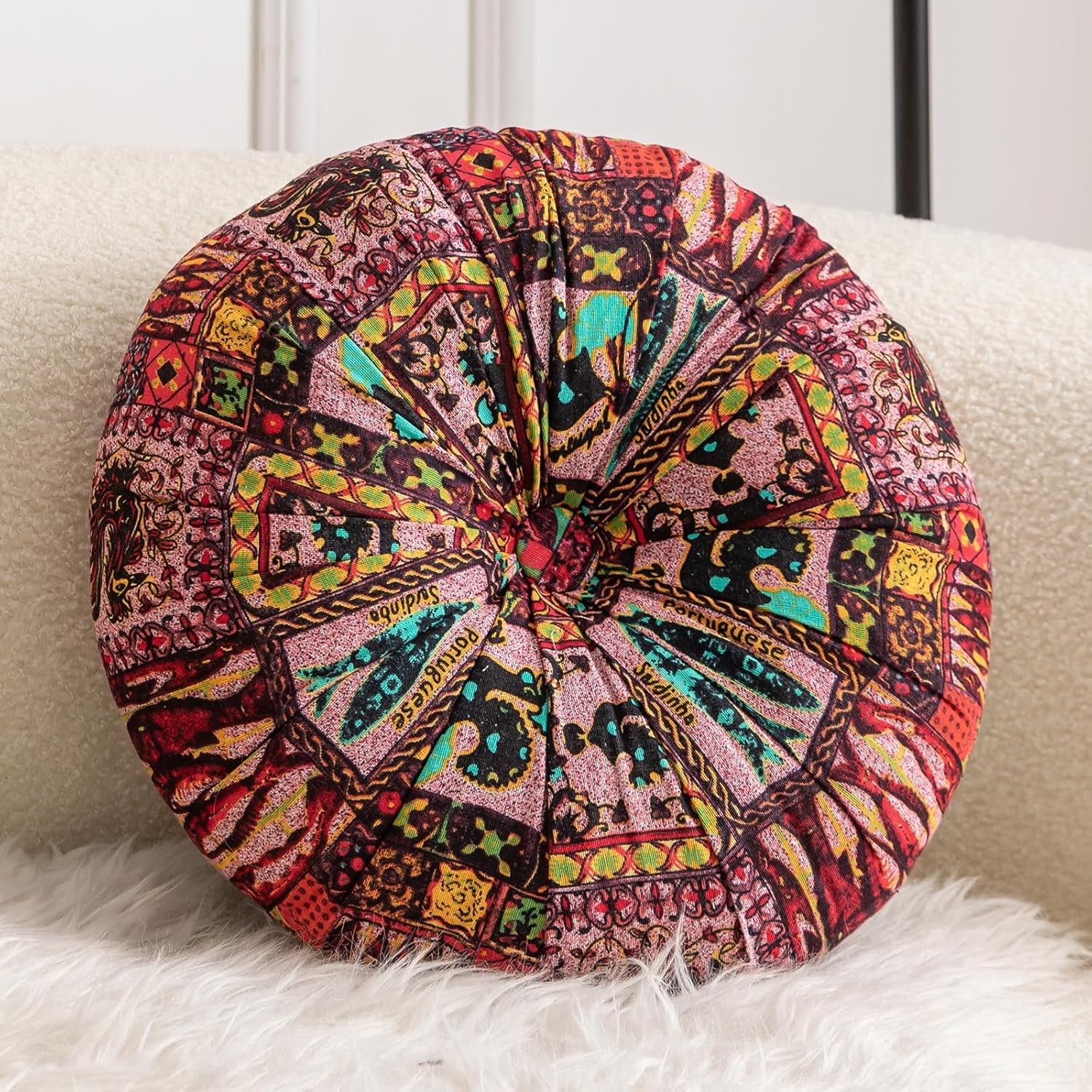 Monebena Round Floor Pillow Cushion Pleated Throw Pillows Boho Printed Accent Pumpkin Decorative Throw Pillows with Button Cotton Linen Pillow Cushion for Sofa Couch Vanity Chair Bed Diameter 14"