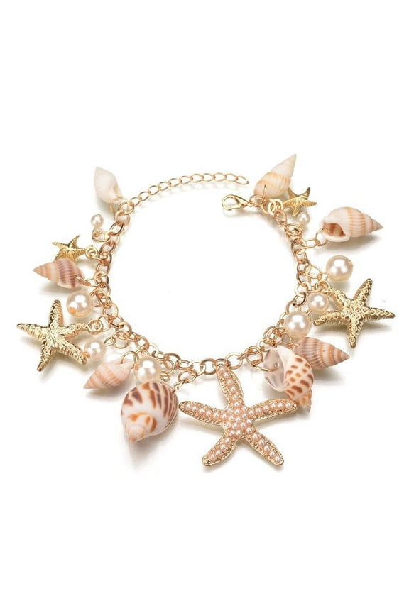 Sea Shell Starfish Bracelets Pearl Charm Bracelets Golden Shell Beads Bracelets Mermaid Costume Jewelry for Halloween Women Adjustable Hawaiian Jamaican Ankle Bracelets Jewelry