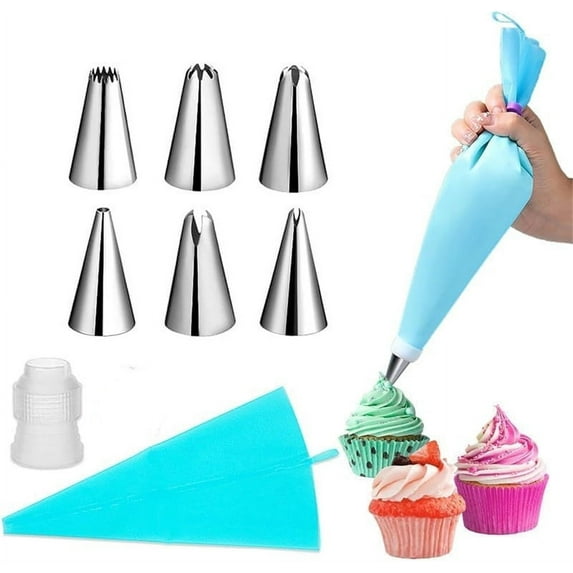 Monebena Silicone Piping Bag with 6 Pcs Stainless Steel Tips Set and 1 Converters,Cake Decorating Kit for Decorating Cakes and Cupcake,Reusable Baking Supplies Kit,8 Pcs,Blue