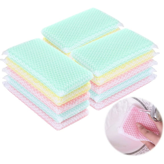 Monebena Sponge Individually Wrapped, Kitchen Dishwashing Sponge, Mesh Net Scouring Pad, Odor-Free Sponge Wipes Suitable for Travel Apartments (Multicolor Pack of 15)