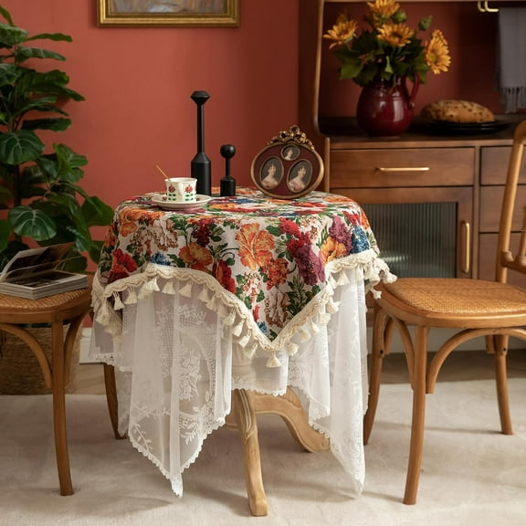 Monebena Square Tablecloth with Tassels Spring Floral Pattern Bedside Table Cloth Washable Nightstand End Table Cover for Room Tabletop Decoration