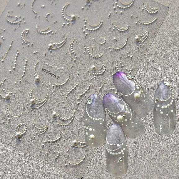 Monebena White French Tips Pearls Nail Art Stickers 5D Embossed Romantic Nail Stickers French Tips Line Nail Decals for Nail Art Design Nail Accessories for Women Girls Valentine's Day