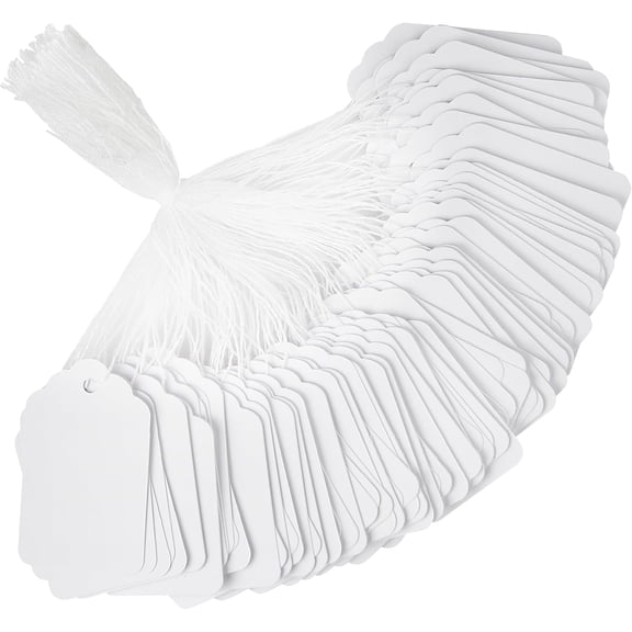 Monebena White Price Tags with String - 500PCS Pre-Strung String Tags for Pricing, Paper Hang Tags Merchandise Tags, Garage/Yard Sale Tags Clothing Tags Jewelry Tags for Labeling 1.88 x 1.1 Inch M01