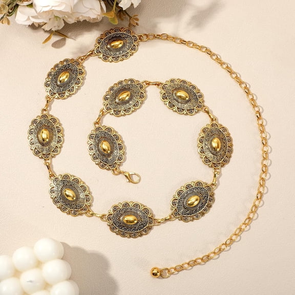 Monebena Women Concho Chain Belt Western Cowgirl Turquoise Metal Chain Belt for Dress