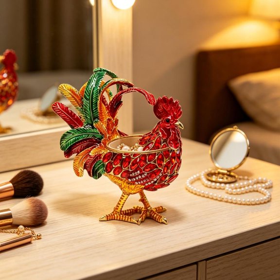 Moneimen Rooster Decor Trinket Box, Alloy Jewelry Holder with Jewel Look Finish for Dresser Top Organization and Display