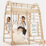Goodevas Wooden Climbing Frame Indoor Playground with Slide and Swing for Ages 3-8, 1-Count