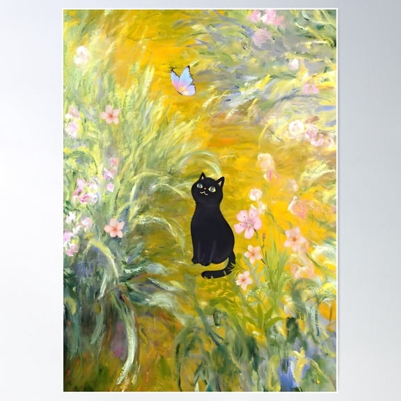 Monet Black Cat In The Path Through The Irises Poster Wall Art, Modern Wall Decor For Living Room Bedroom, 8x12 UNFRAMED
