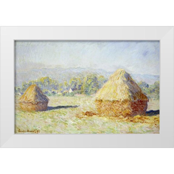 Monet, Claude 14x10 White Modern Wood Framed Museum Art Print Titled - Haystacks, Morning Effect