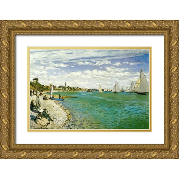 Monet, Claude 14x11 Gold Ornate Wood Framed with Double Matting Museum Art Print Titled - The Regatta at Sainte-Adresse 1867