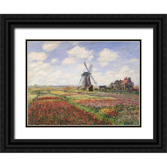 Monet, Claude 14x12 Black Ornate Wood Framed with Double Matting Museum Art Print Titled - Tulip Fields with Windmill