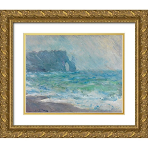 Monet, Claude 14x12 Gold Ornate Wood Framed with Double Matting Museum Art Print Titled - Rain at Etretat