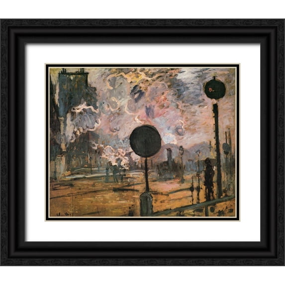 Monet, Claude 18x15 Black Ornate Wood Framed with Double Matting Museum Art Print Titled - La Gare St. Lazare-signal 1876