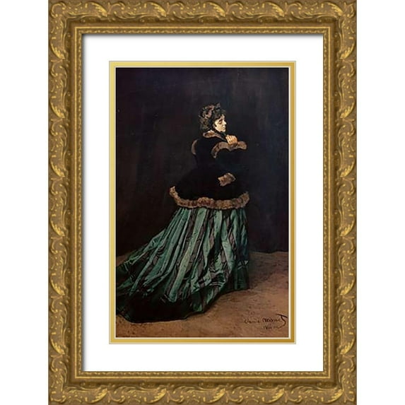 Monet, Claude 22x32 Gold Ornate Wood Framed with Double Matting Museum Art Print Titled - Camille, the Woman in Green