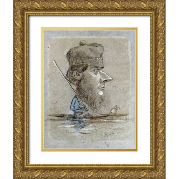 Monet, Claude 26x32 Gold Ornate Wood Framed with Double Matting Museum Art Print Titled - A Hunter and his Dog on a Boat, 1858