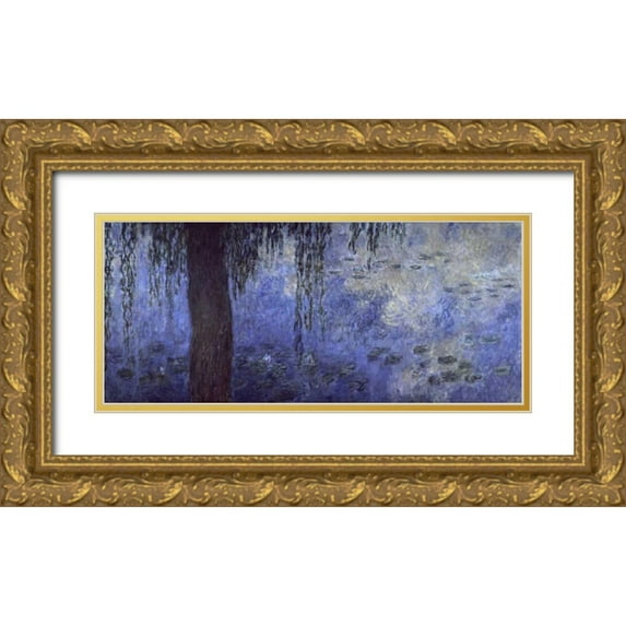 Monet, Claude 32x16 Gold Ornate Wood Framed with Double Matting Museum Art Print Titled - Water Lilies: Morning with Willows, c. 1918-26 - right panel