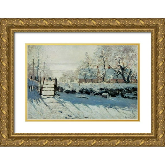 Monet, Claude 32x23 Gold Ornate Wood Framed with Double Matting Museum Art Print Titled - The Magpie