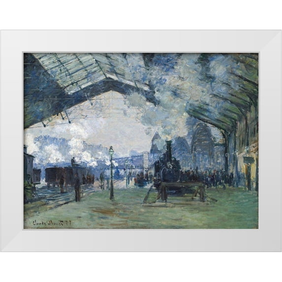 Monet, Claude 32x25 White Modern Wood Framed Museum Art Print Titled - Arrival of the Normandy Train, Gare Saint-Lazare 1877
