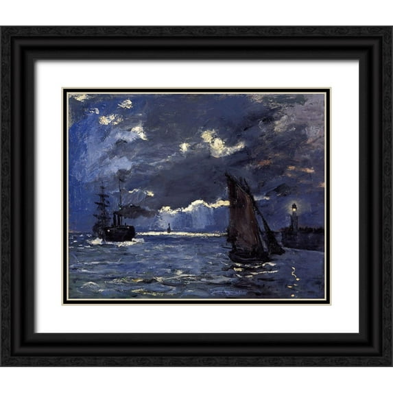 Monet, Claude 32x26 Black Ornate Wood Framed with Double Matting Museum Art Print Titled - A Seascape-Shipping by Moonlight 1864