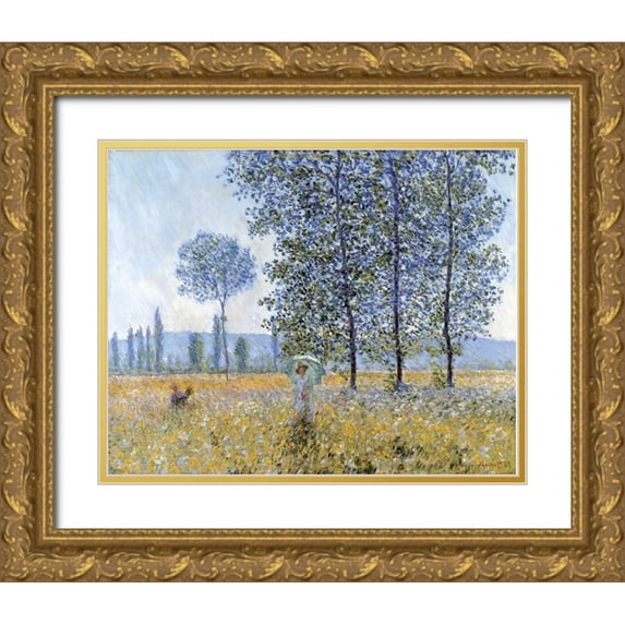 Monet, Claude 32x26 Gold Ornate Wood Framed with Double Matting Museum Art Print Titled - Sunlight Under The Poplars