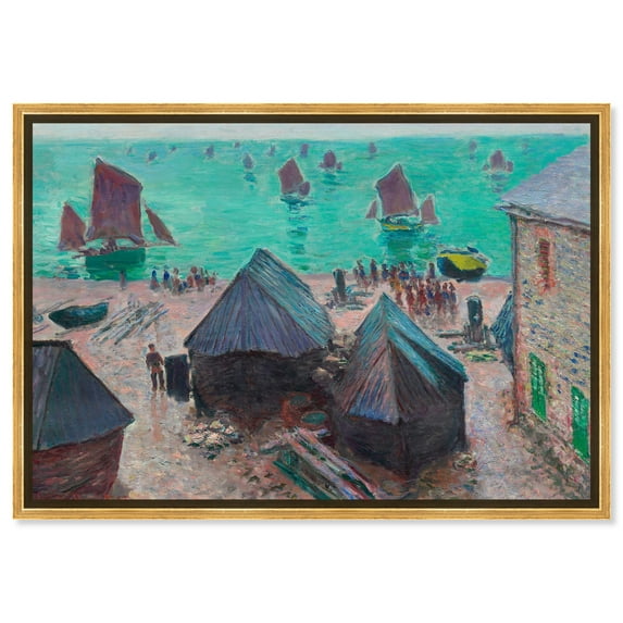 Monet-Departure Of The Boats Etretat Classic Monet Art Prints Canvas Wall Art by Art Remedy, Gold Floater Frame, 36"x30"