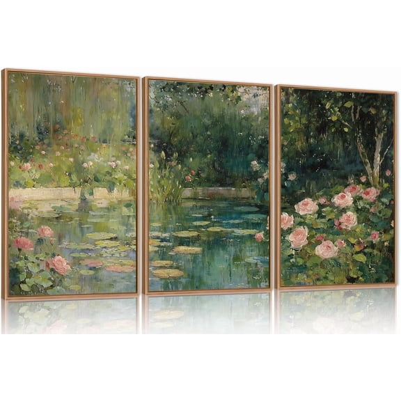 Open Box Monet Floral Framed Canvas Wall Art Set, Impressionist Botanical Garden Wall Decor, Vintage Ponds Tree Plant Artwork, Nature Landscape Prints for Living Room, Bedroom - Size 16"x24"x3