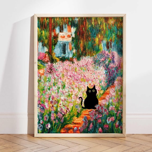 Monet Garden Cat Claude Monet Flowers Irises Floral Wall Decor, Unframed Paper Poster 8x10in