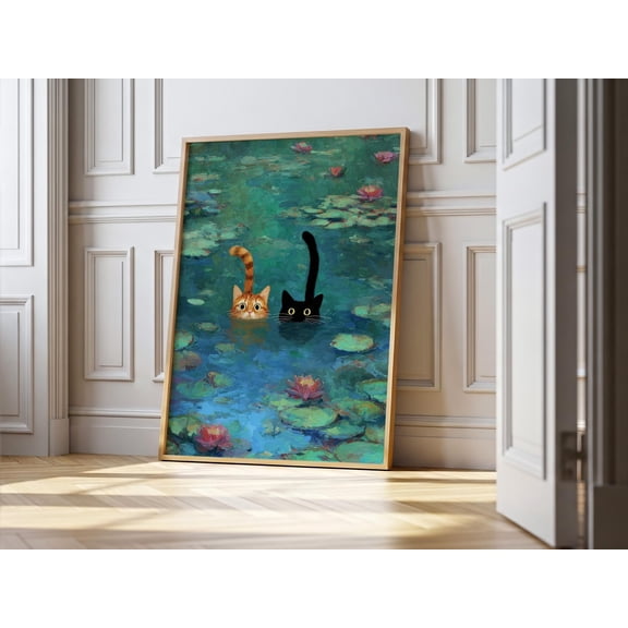 Monet Inspired Art Print: Whimsical Cat Poster Funny Cat Wall Art (Unframed)