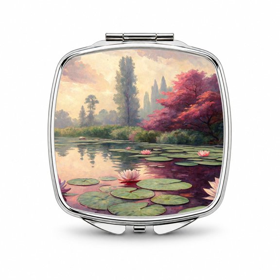 Monet Inspired Water Lilies Travel Makeup Handbag Purse Small Pocket Compact Mirror
