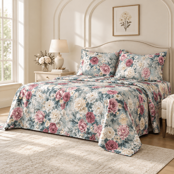 Monet King Size Peony Patterned 100% Cotton Percale Bed Sheet Set