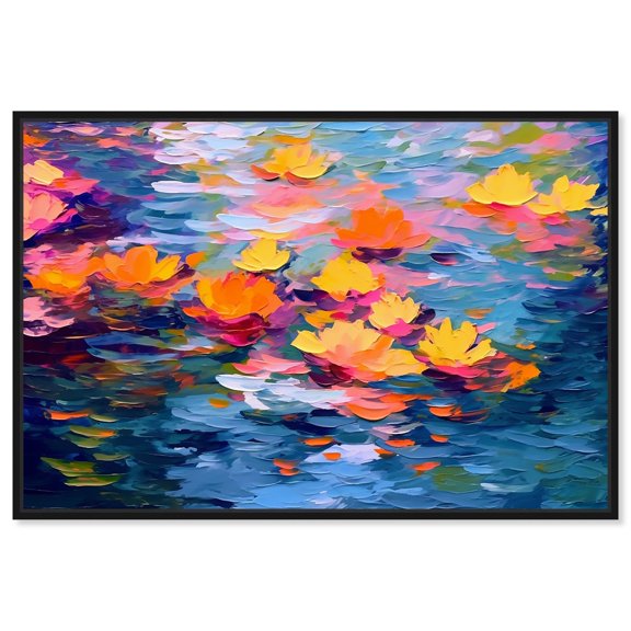 Monet Style Floral Lagoon Canvas Glam Livingroom Wall Art by Art Remedy, Black Frame, 24" x 16"