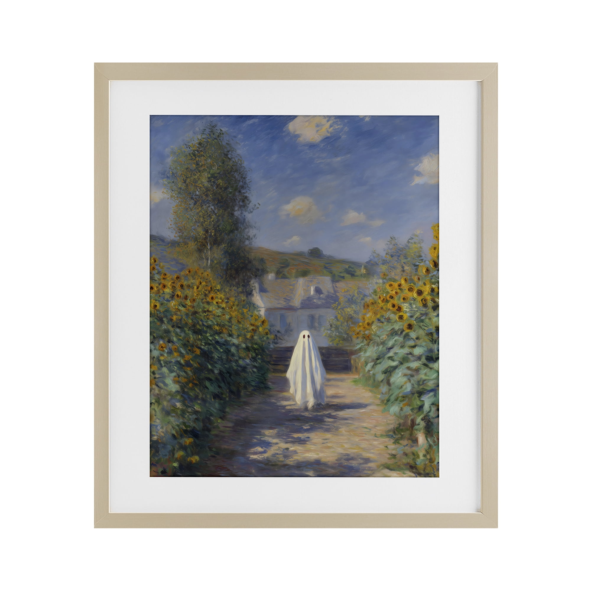 Monet Style Sunflower Ghost Birch Framed Print Under Glass, design by Arlington Prints