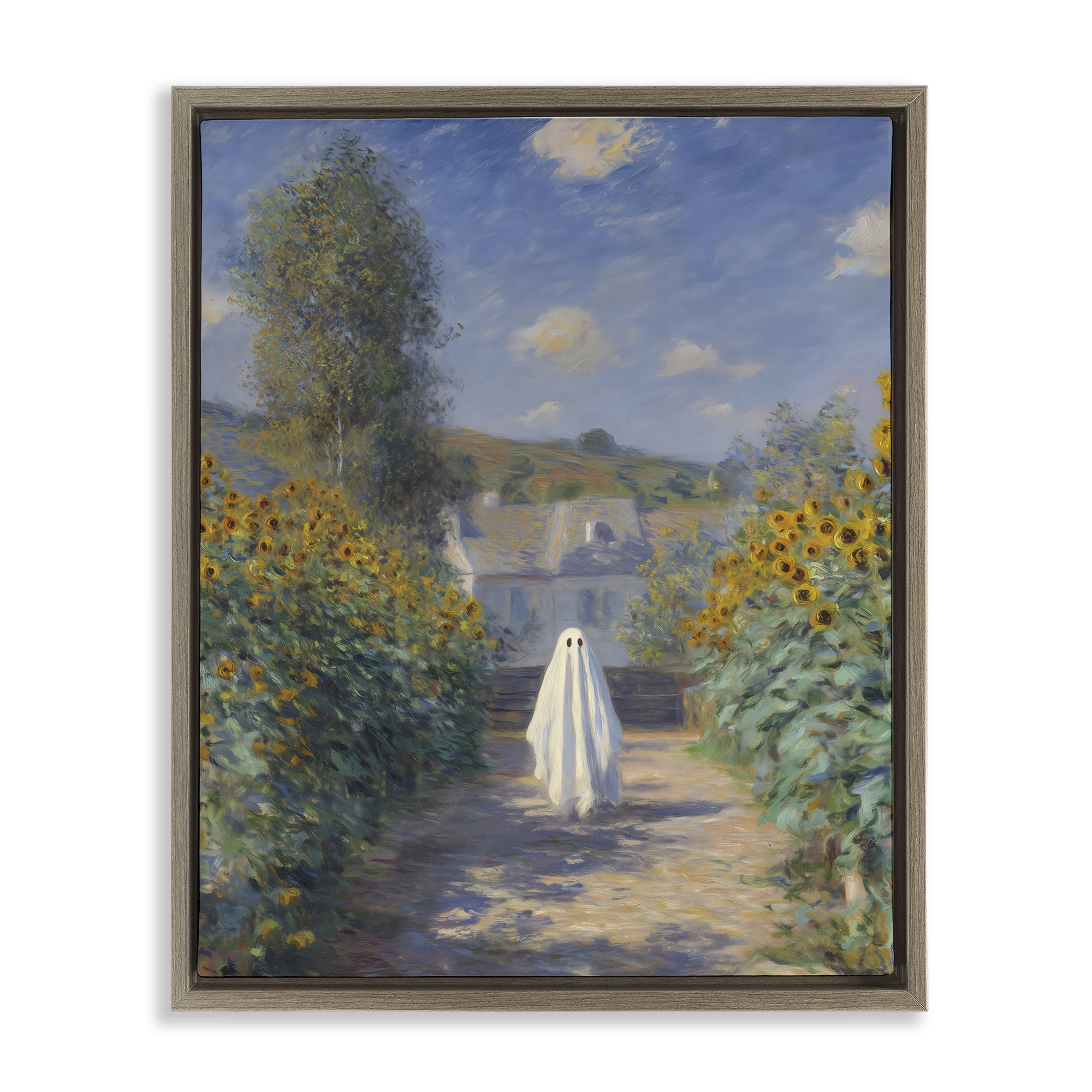 Monet Style Sunflower Ghost Brown Framed Floater Canvas Wall Art, design by Arlington Prints