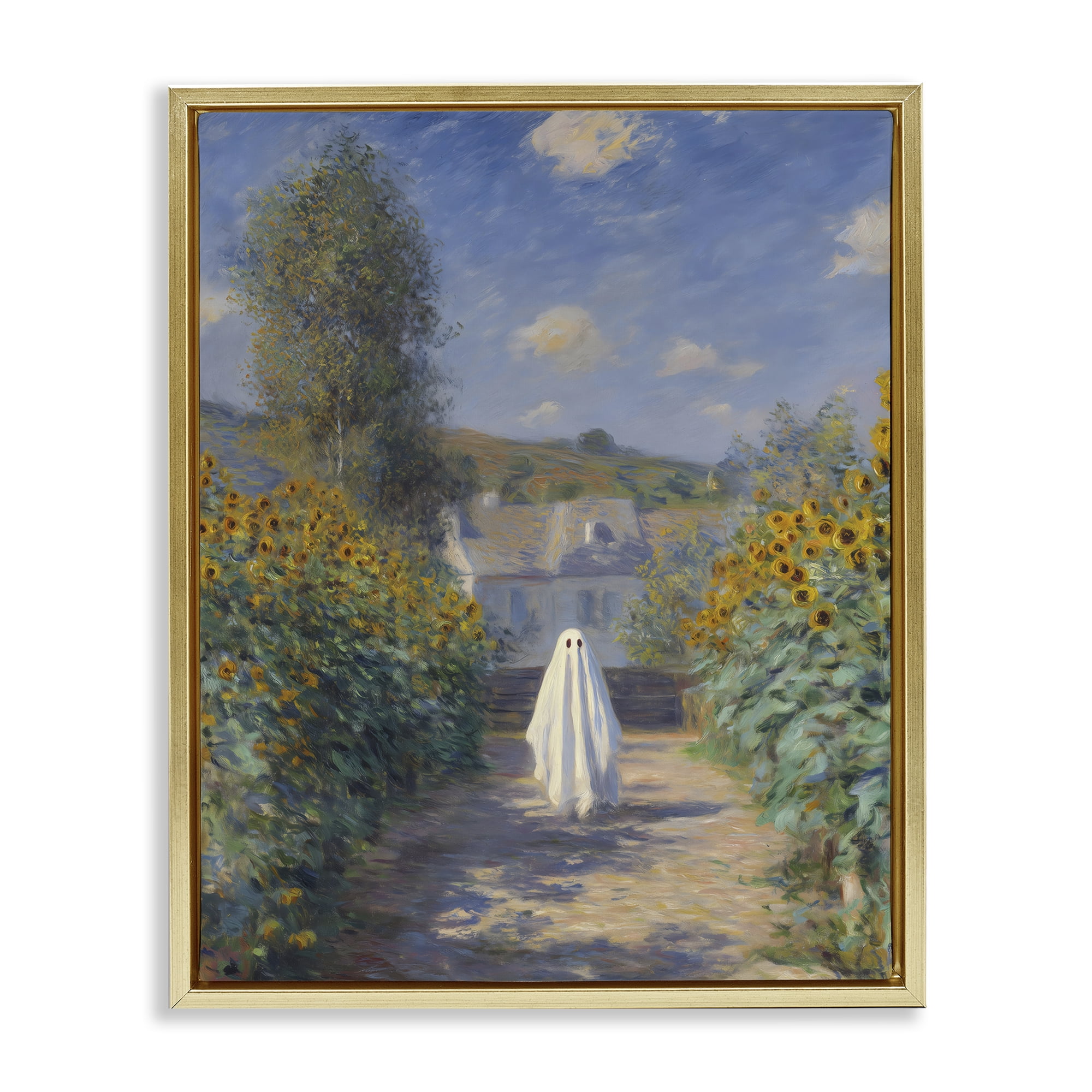 Monet Style Sunflower Ghost Gold Framed Floater Canvas Wall Art, design by Arlington Prints