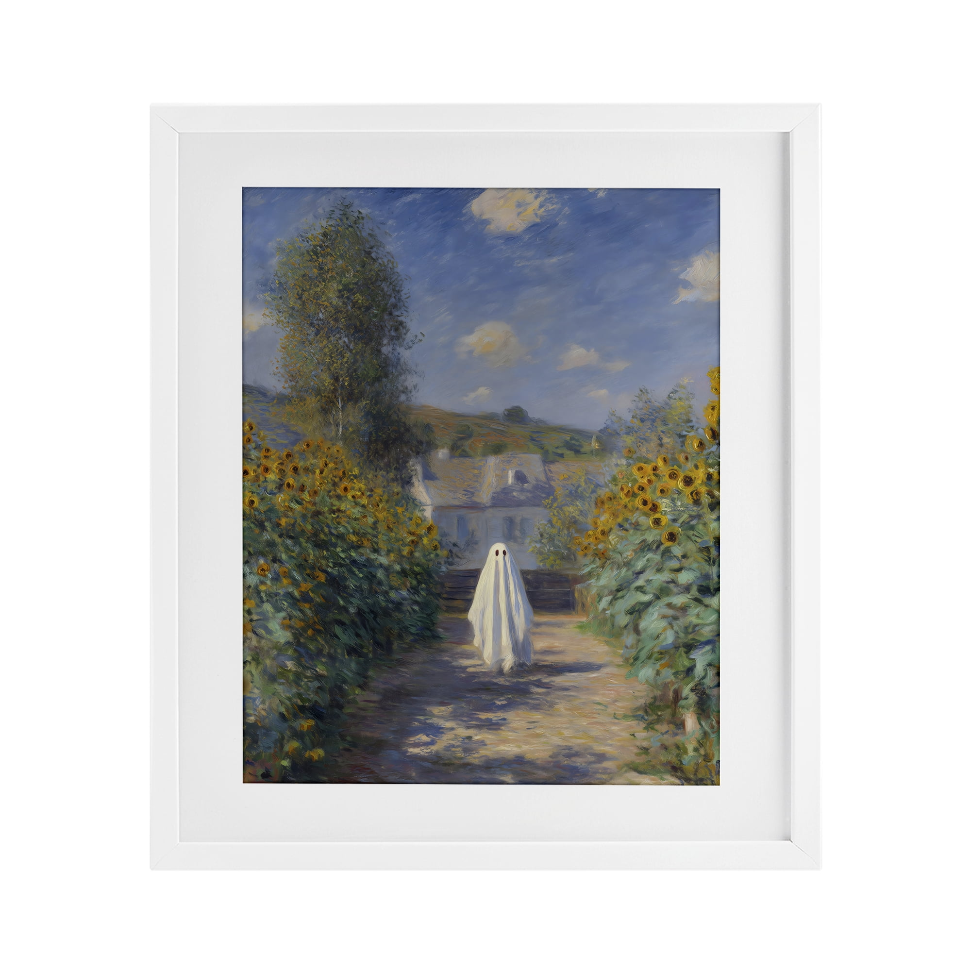 Monet Style Sunflower Ghost White Framed Print Under Glass, design by Arlington Prints