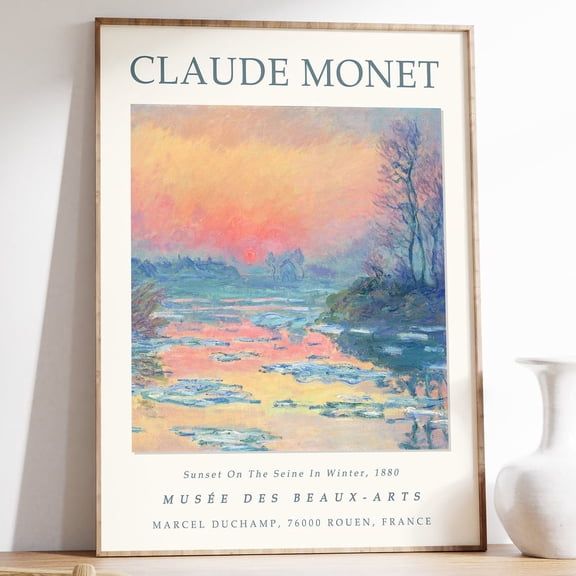 Monet Sunset on the Seine Winter Poster, Stretched Canvas 16x20in