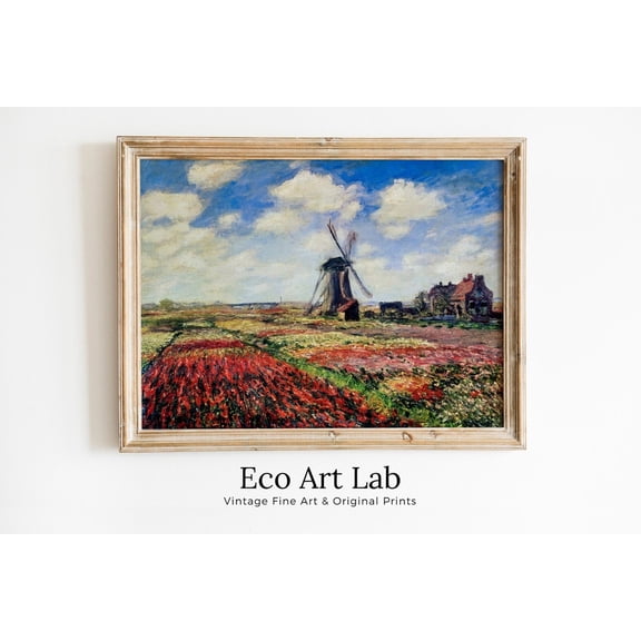 Monet Tulip Field With Windmill Print, Unframed Paper Poster 8x10in